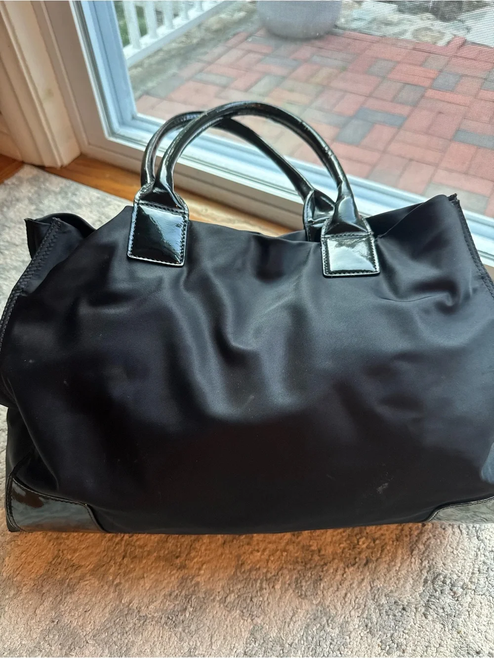 Tory Burch Black Nylon Tote with Patent Logo